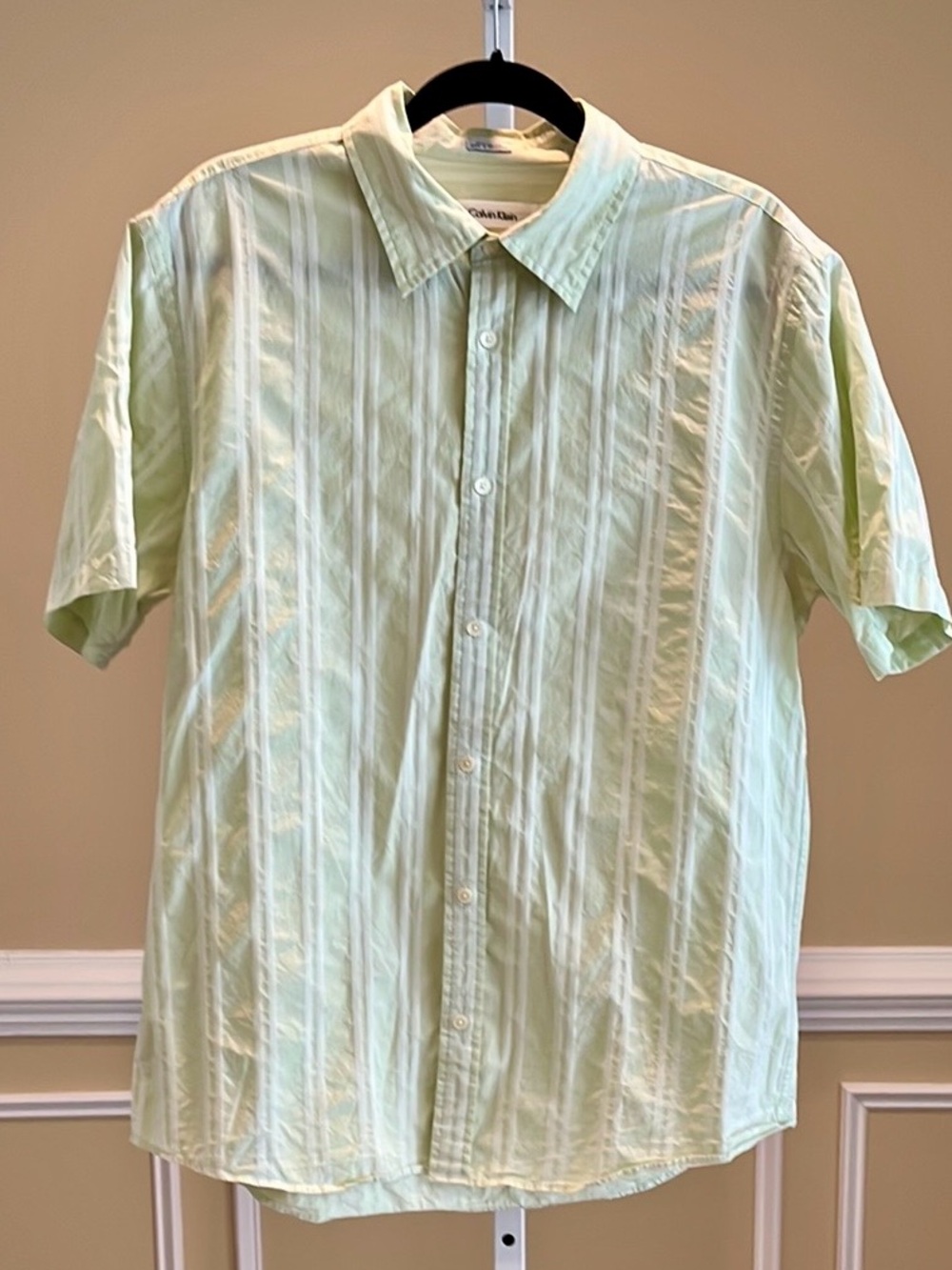 Calvin Klein 100% Cotton Green Striped Button Up Short Sleeve Shirt Size Large
